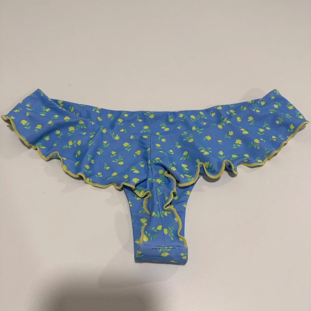 Kulani Kinis Blue Yellow Floral Ruffle Bikini Bottoms Small Floral Print Swim